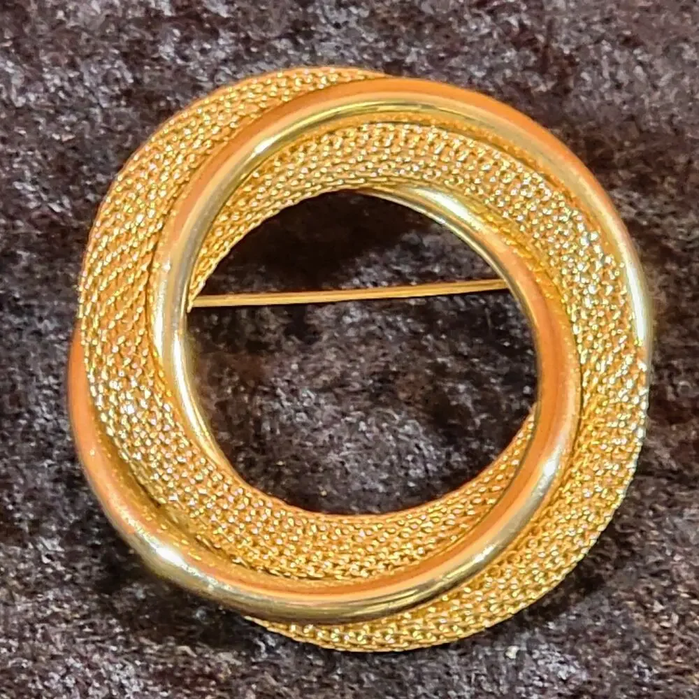 Vintage Monet Gold Tone Brooch | Flashback Circle Pin Textured Designer Jewelry